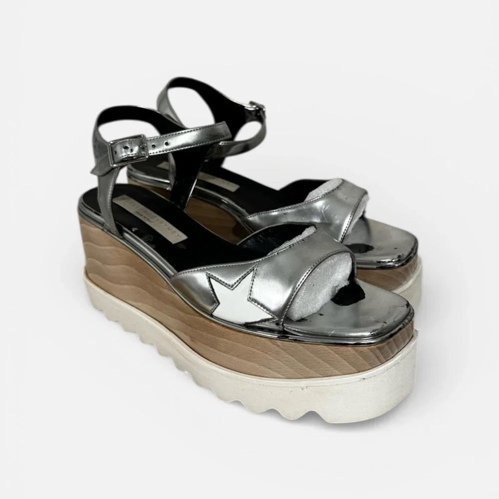 Stella McCartney Elyse Indium Star Platform Sandals Silver Metallic Size 36.5